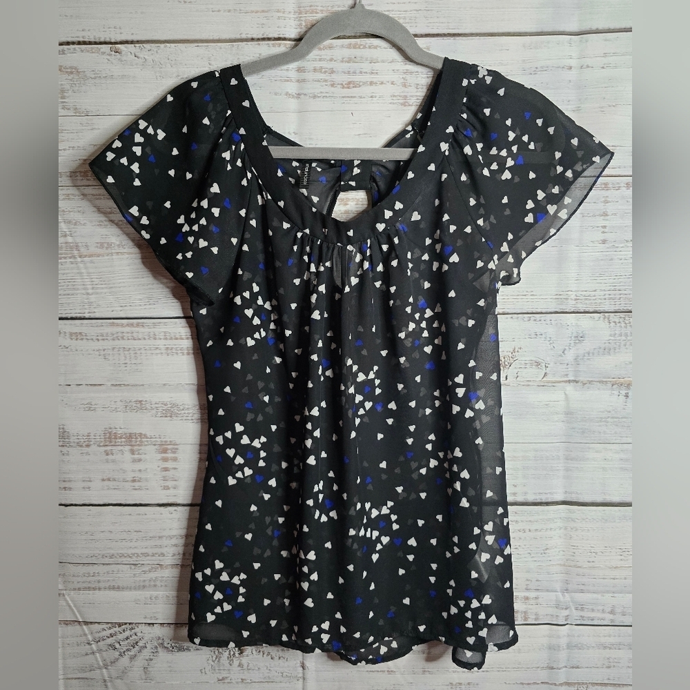 Maurices Black, White & Blue Flutter Sleeve Blouse Sheer Womans Size Small